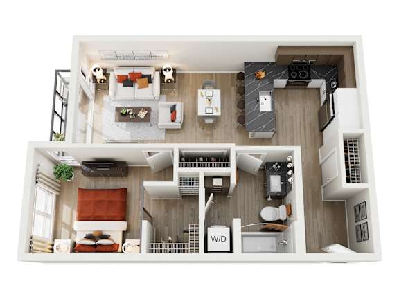 A top-down view of a small apartment with a kitchen, living room, and bedroom.