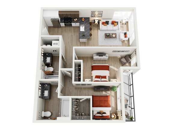 A top-down view of a modern apartment home at ION Queen Anne with 2 bedrooms, living room, kitchen, 2 bathrooms, and closets