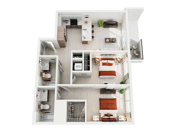 A top-down view of a modern apartment home at ION Queen Anne with 2 bedrooms, living room, kitchen, 2 bathrooms, and closets