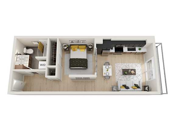 A top down view of a small apartment with a kitchen, living room and bathroom.