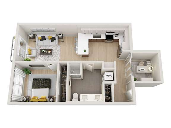 A floor plan of a modern apartment with a living room, kitchen, and bathroom.
