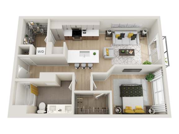 A top-down view of a modern apartment layout with a living room, kitchen, and two bedrooms.