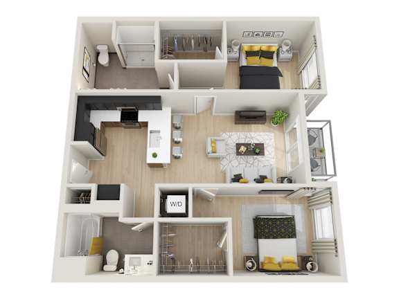 A 3D rendered image of a house layout.