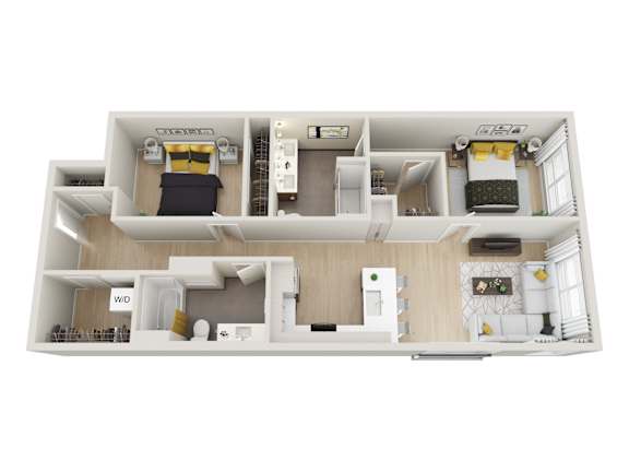 A floor plan of a house with two bedrooms, a living room, a kitchen, and a bathroom.