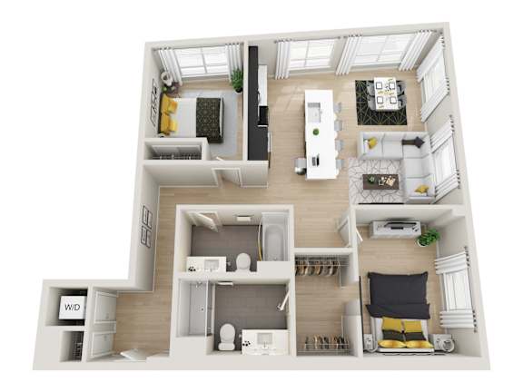 A 3D floor plan of a house with a living room, kitchen, and bathroom.