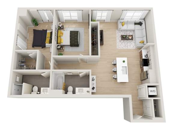 A top-down view of a small apartment with a kitchen, living room, and bathroom.