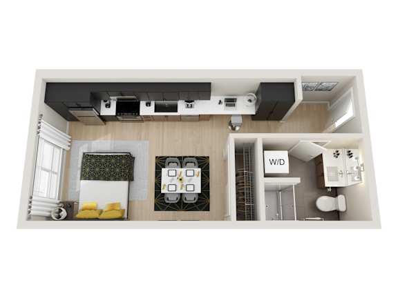 A floor plan of a kitchen with a dining area and a laundry room.