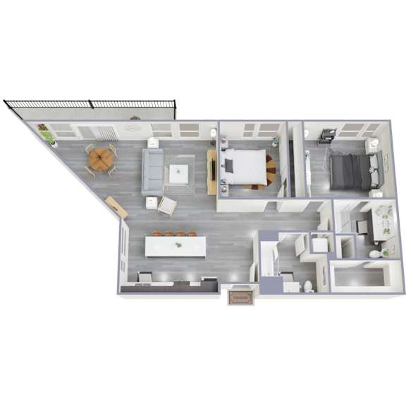 A top-down view of a house layout with a kitchen, living room, and bedrooms.
