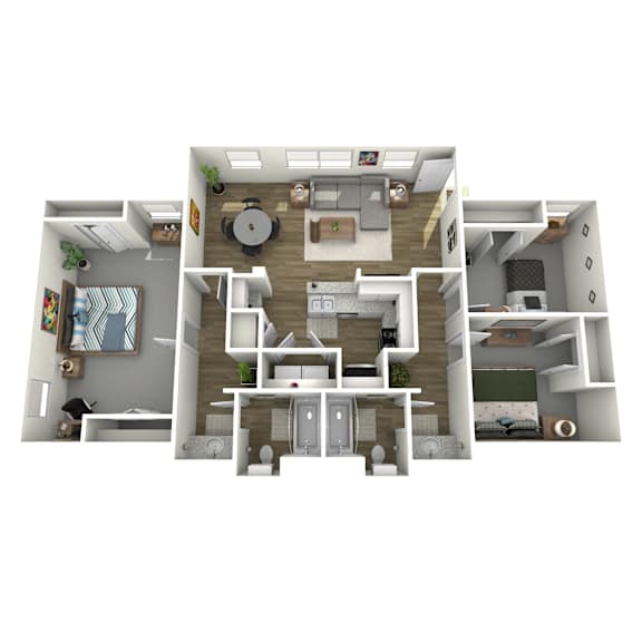 A 3D floor plan of a house showing a kitchen, living room, dining room, and bedrooms.