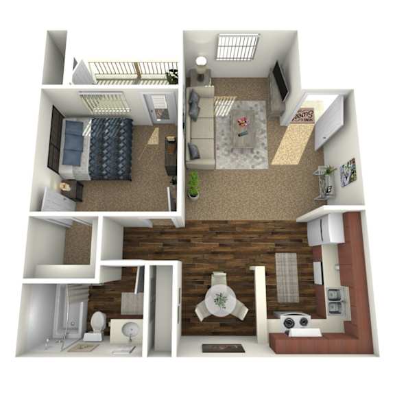 A 3D rendered image of a small apartment layout.