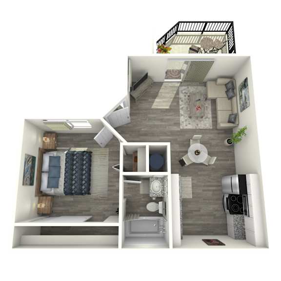 A 3D rendered image of a small apartment layout.