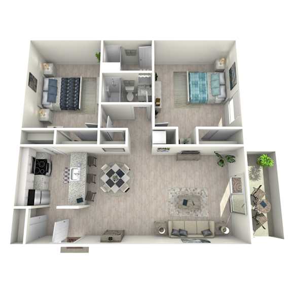 A 3D floor plan of a small apartment with a kitchen, living room, and bedrooms.