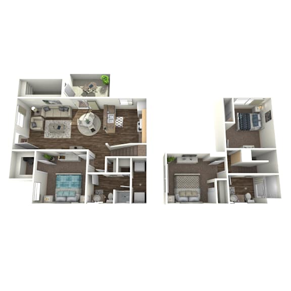 A 3D floor plan of a house with two bedrooms and two bathrooms.