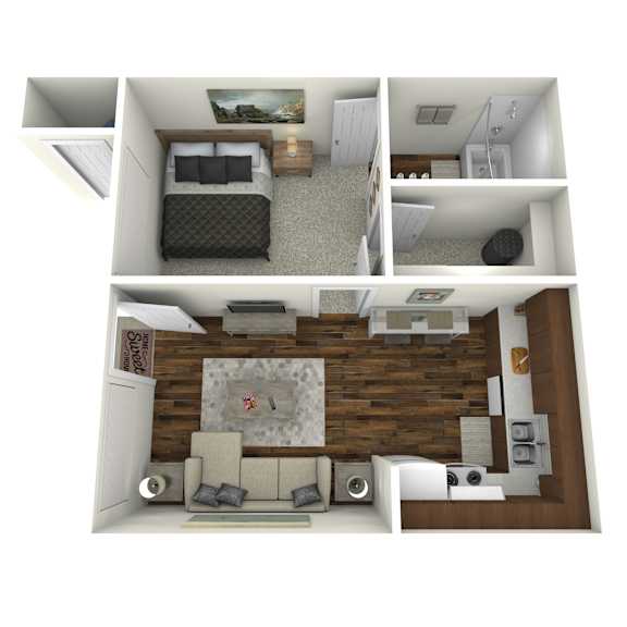A 3D rendered image of a small apartment layout.