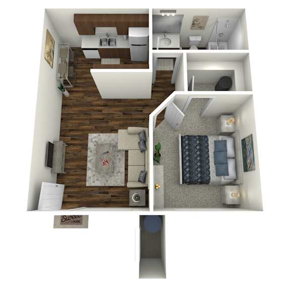 A 3D rendered image of a house layout.