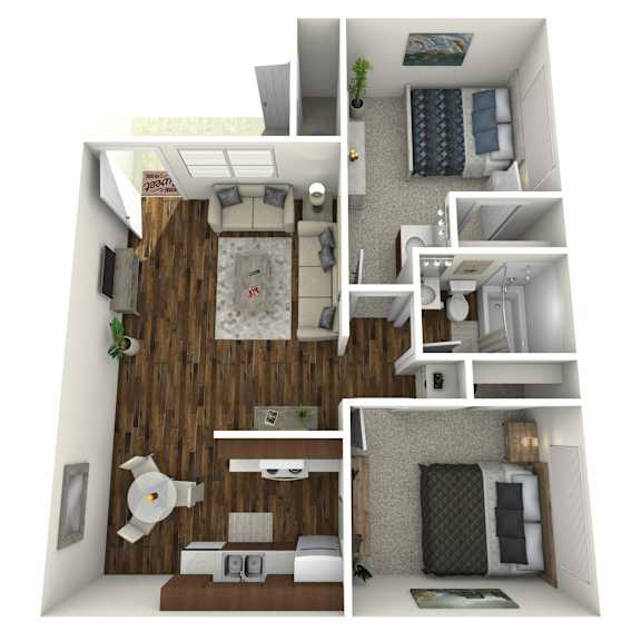 A 3D rendered image of a small apartment with a bedroom, living room, and kitchen.