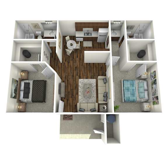 A 3D floor plan of a small apartment with a kitchen, living room, and bedroom.