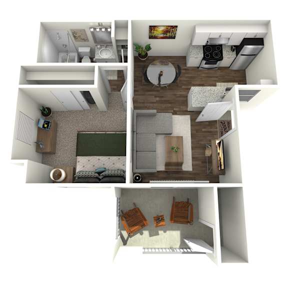 A 3D rendered image of a small apartment with a kitchen, living room, and bedroom.