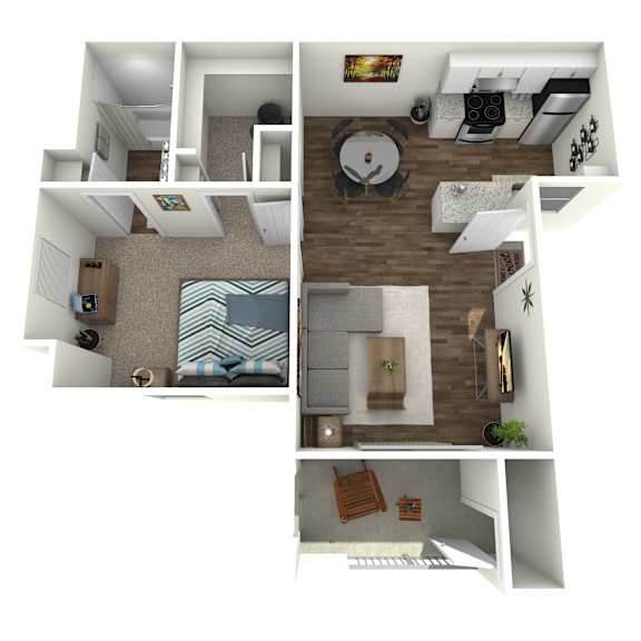 A series of four images showing different views of a modern apartment.