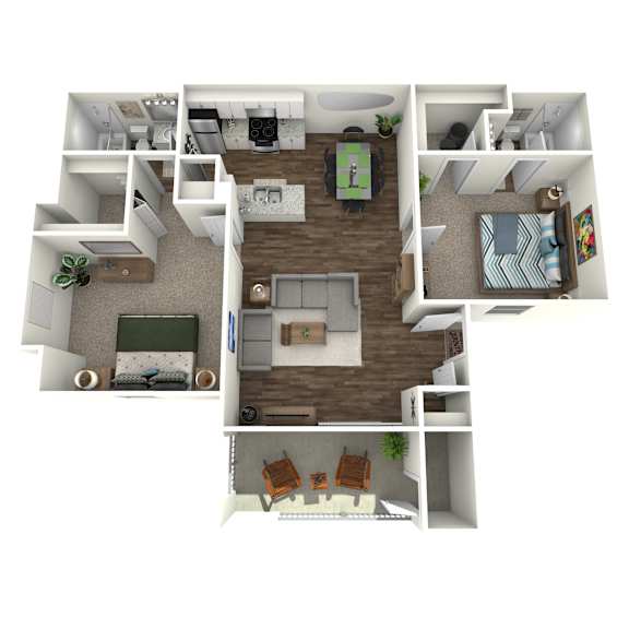 A 3D floor plan of a small apartment with a living room, kitchen, and bedrooms.