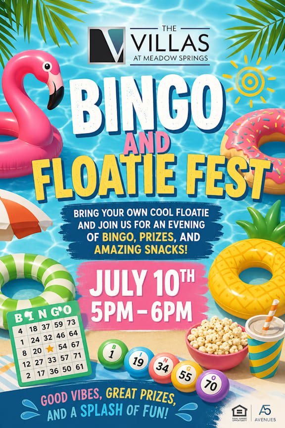 A colorful advertisement for a Bingo and Floatie Fest at The Villas at Meadow Springs.