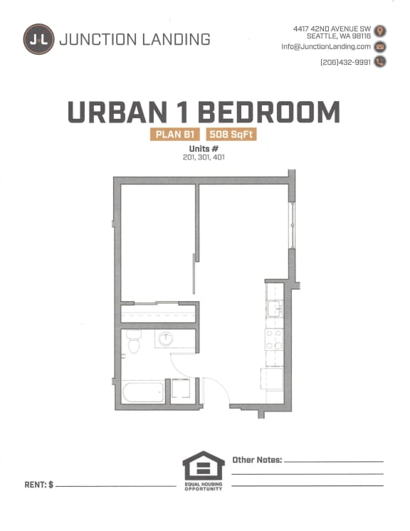Junction Flats and Landing One Bedroom F Landing MFTE Floor Plan