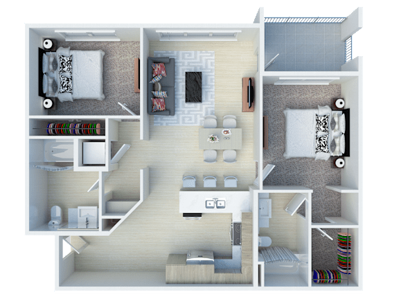 A 3D floor plan of a small apartment with a living room, kitchen, and bedrooms.