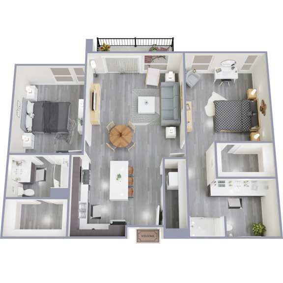 A top-down view of a modern apartment layout with a living room, kitchen, and two bedrooms.