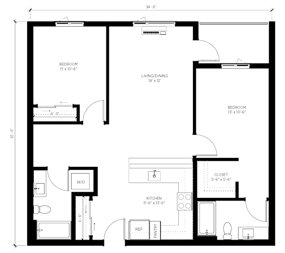 2 Bed A Floorplan at Kinline, Beaverton, 97003