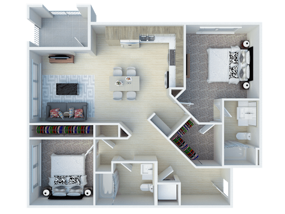 A 3D rendered image of a house layout.