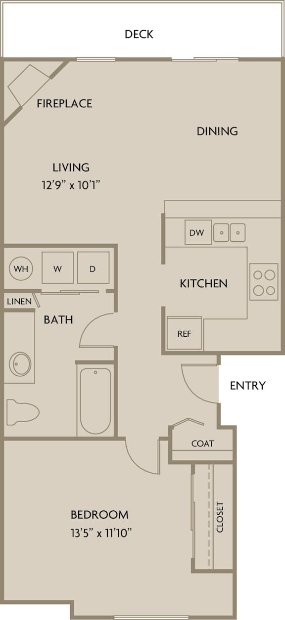 A floor plan of a small apartment with a living area, kitchen, bathroom, and bedroom.
