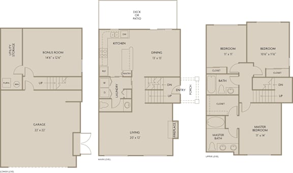 A floor plan of a house with a bonus room, two bedrooms, a kitchen, a dining room, a living room, a garage, a master bedroom, and a master bath.