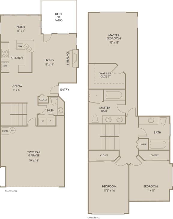A floor plan of a house with two master bedrooms, a garage, and a deck or patio.