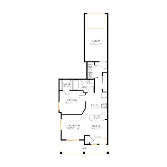 A floor plan of a house with a garage, living room, dining room, kitchen, and two bathrooms.