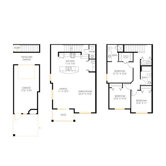 A set of three floor plans for a house with a detached garage, a kitchen, and a living room.