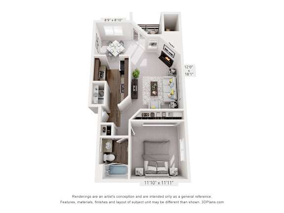 A 3D floor plan of a small apartment with a kitchen, living room, and bathroom.