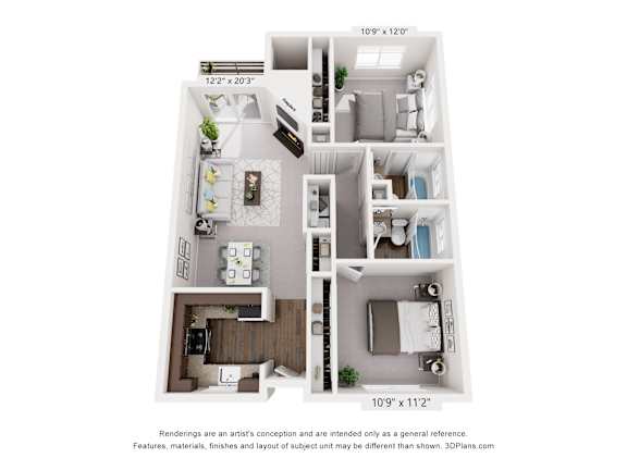 A floor plan of a two-bedroom apartment with dimensions and a disclaimer.