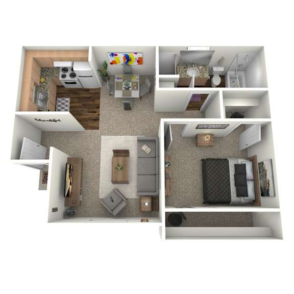A 3D floor plan of a small apartment with a kitchen, living room, and bedroom.
