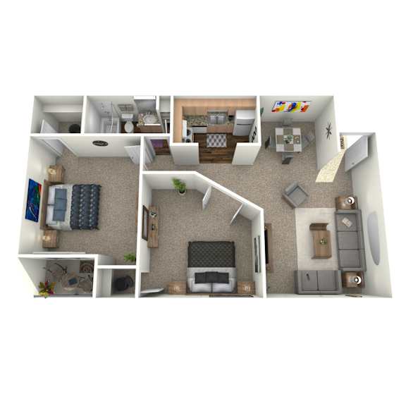 A 3D floor plan of a house with various rooms and furniture.