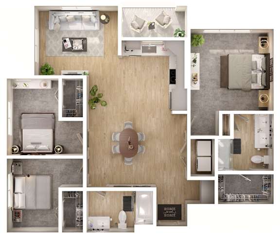 A top-down view of a modern apartment layout with a living room, kitchen, and bathroom.
