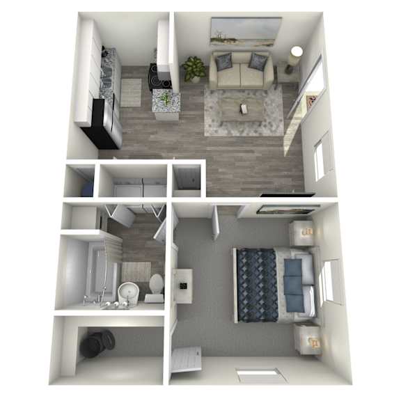 A 3D rendered image of a small apartment with a living room, kitchen, and bedroom.