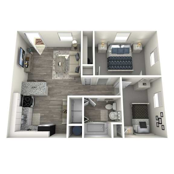 A 3D rendered image of a small apartment layout.