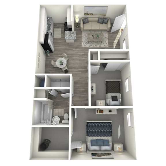 A 3D floor plan of a small apartment with a living room, kitchen, bedroom, and bathroom.
