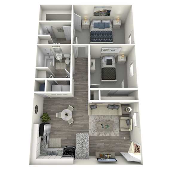 A 3D floor plan of a small apartment with a kitchen, living room, and bathroom.