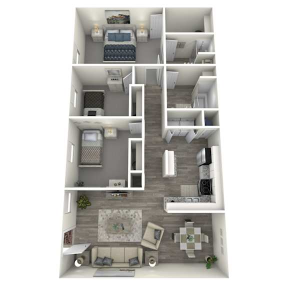 A 3D floor plan of a house with a living room, kitchen, and bedrooms.