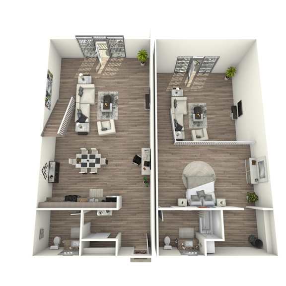 A 3D rendered image of a modern apartment with loft
