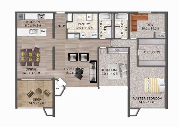 2 Bedroom 2 Bathroom Floor Plan at Lake Tower, Coeur d'Alene, 83814
