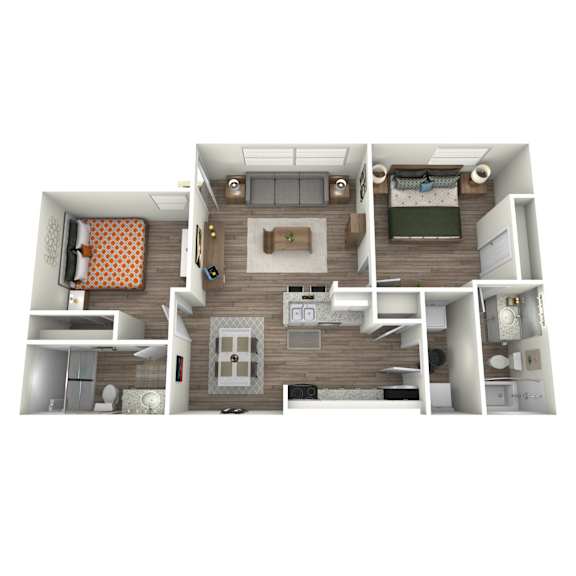 A top-down view of a modern apartment layout with a kitchen, living room, and bedroom.