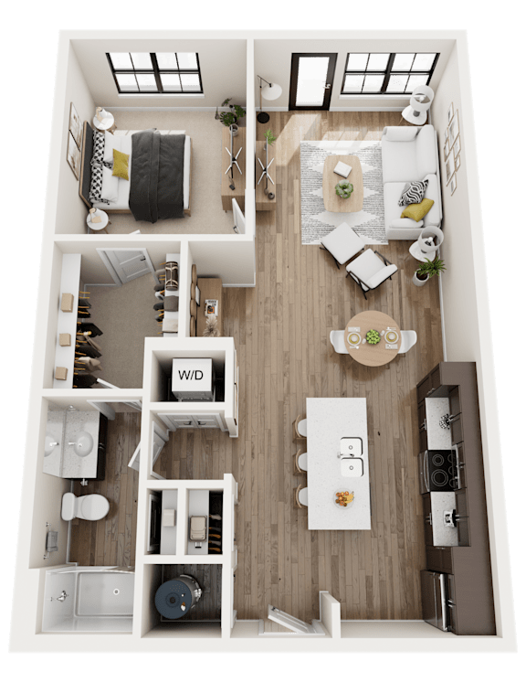 A top-down view of a well-organized apartment with a living room, kitchen, and bathroom.