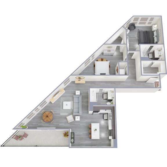 A floor plan of a house with a living room, kitchen, and two bedrooms.